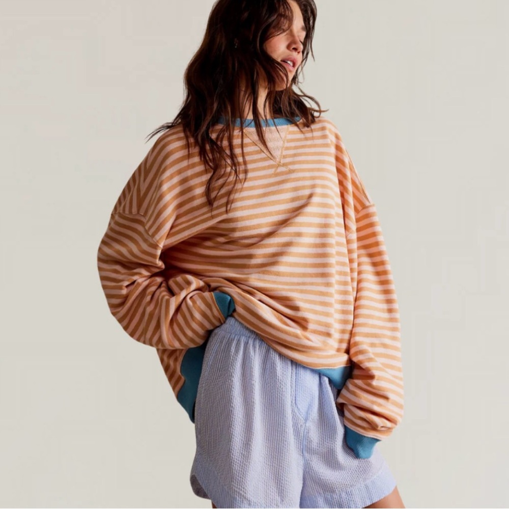We The Free Classic Striped Oversized Crewneck Yellow Pink Blue Top Rated